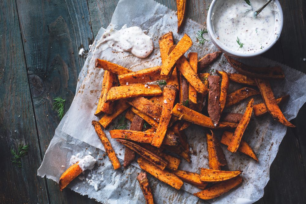 Sweet Potato Fries with Cajun Spices with Yogurt and Dill Sauce on the Side