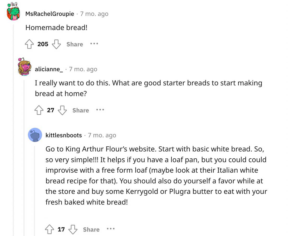 Reddit screenshot about the value of homemade bread.