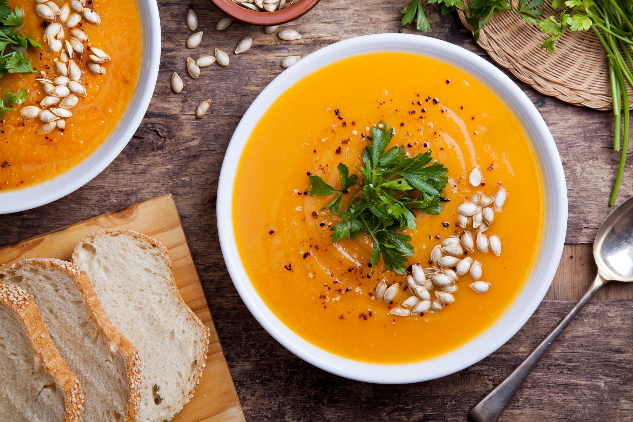 Couple of bowls of homemade pumpkin soup