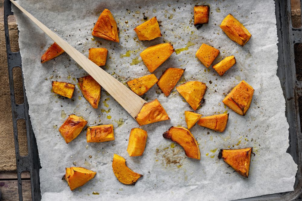 Roasted pumpkin slices, overhead view.