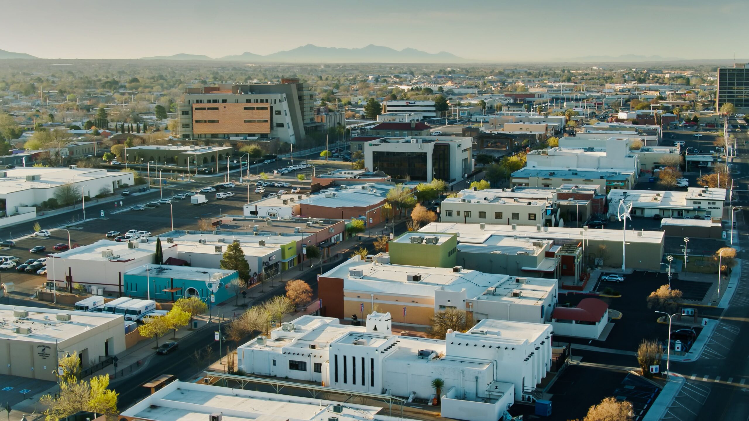 Aerial view from above Main Street in Las Cruces, New Mexico.