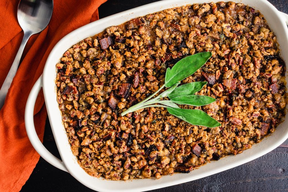 Bourbon Sweet Potato Casserole Topped with Toasted Pecans and Crumbled Bacon