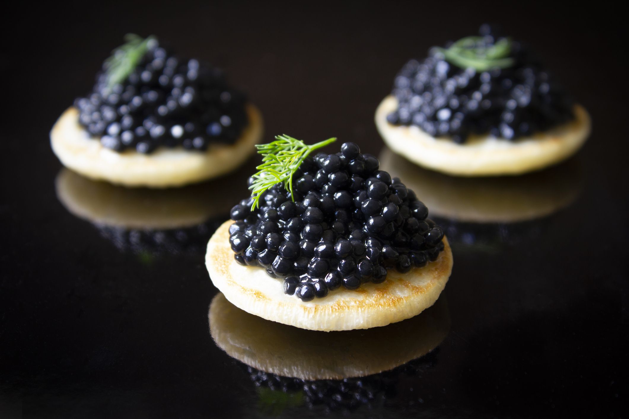 Three black caviar blinis with fresh dill, on a black background.