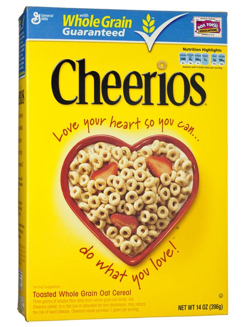 A box of General Mills\' Cheerios, a whole grain oat breakfast cereal.