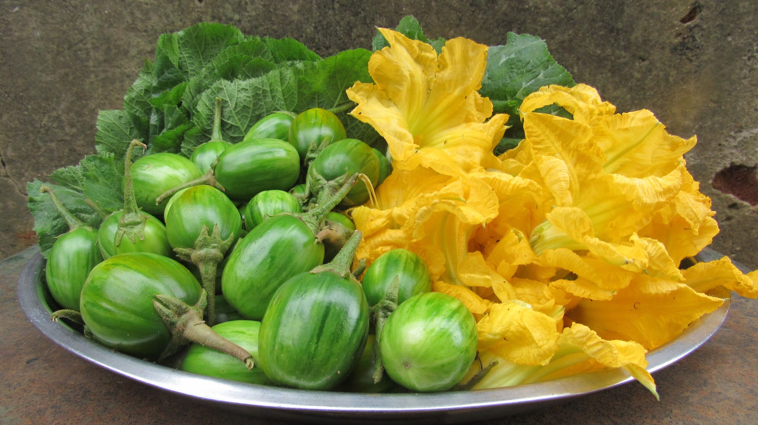 Freshly harvested scarlet eggplants, pumpkin leaves, and pumpkin flowers arranged on a serving plate.