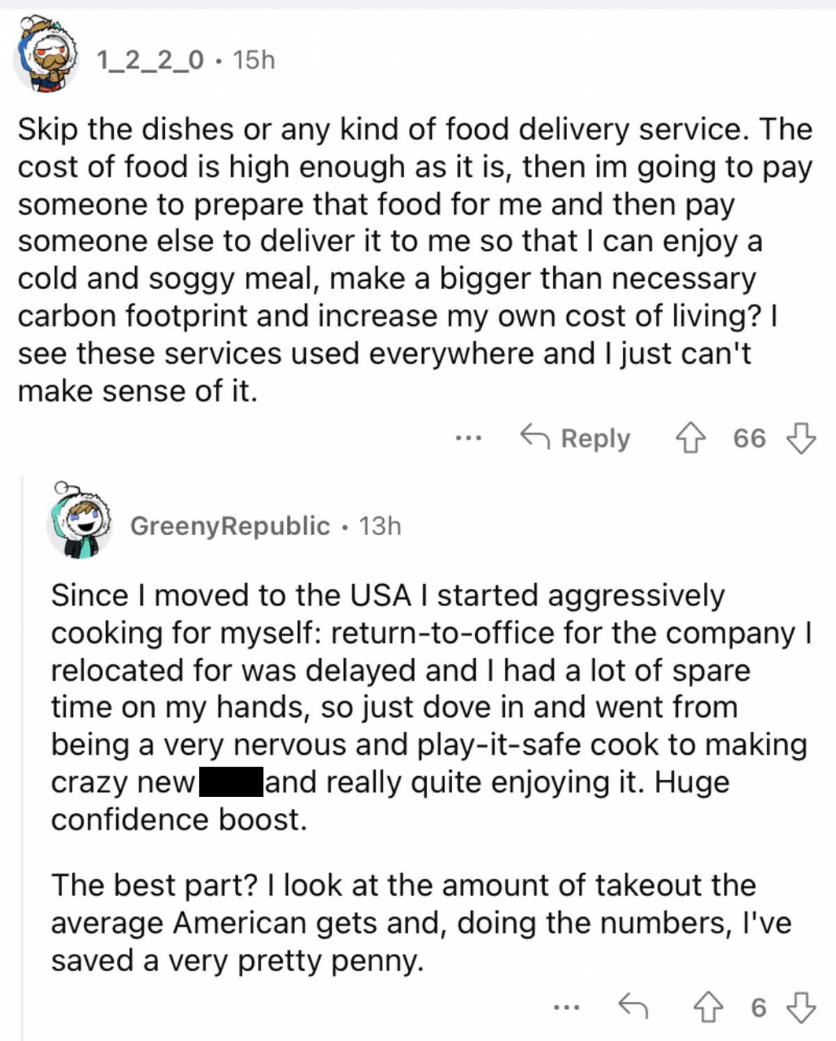 Reddit screenshot about how ordering food via delivery is very expensive.