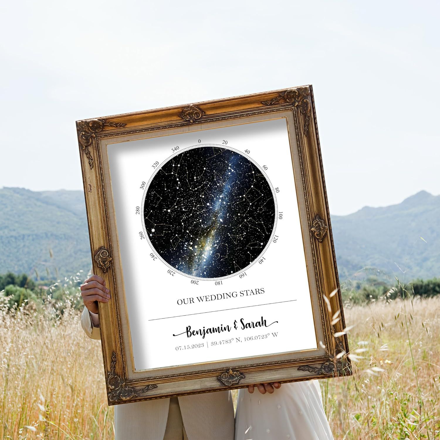 Couple holding Custom Star Map in a field