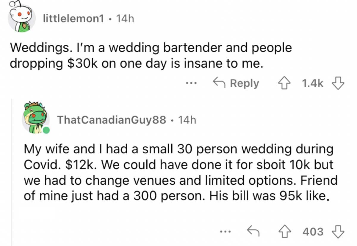 Reddit screenshot about how crazy weddings are.