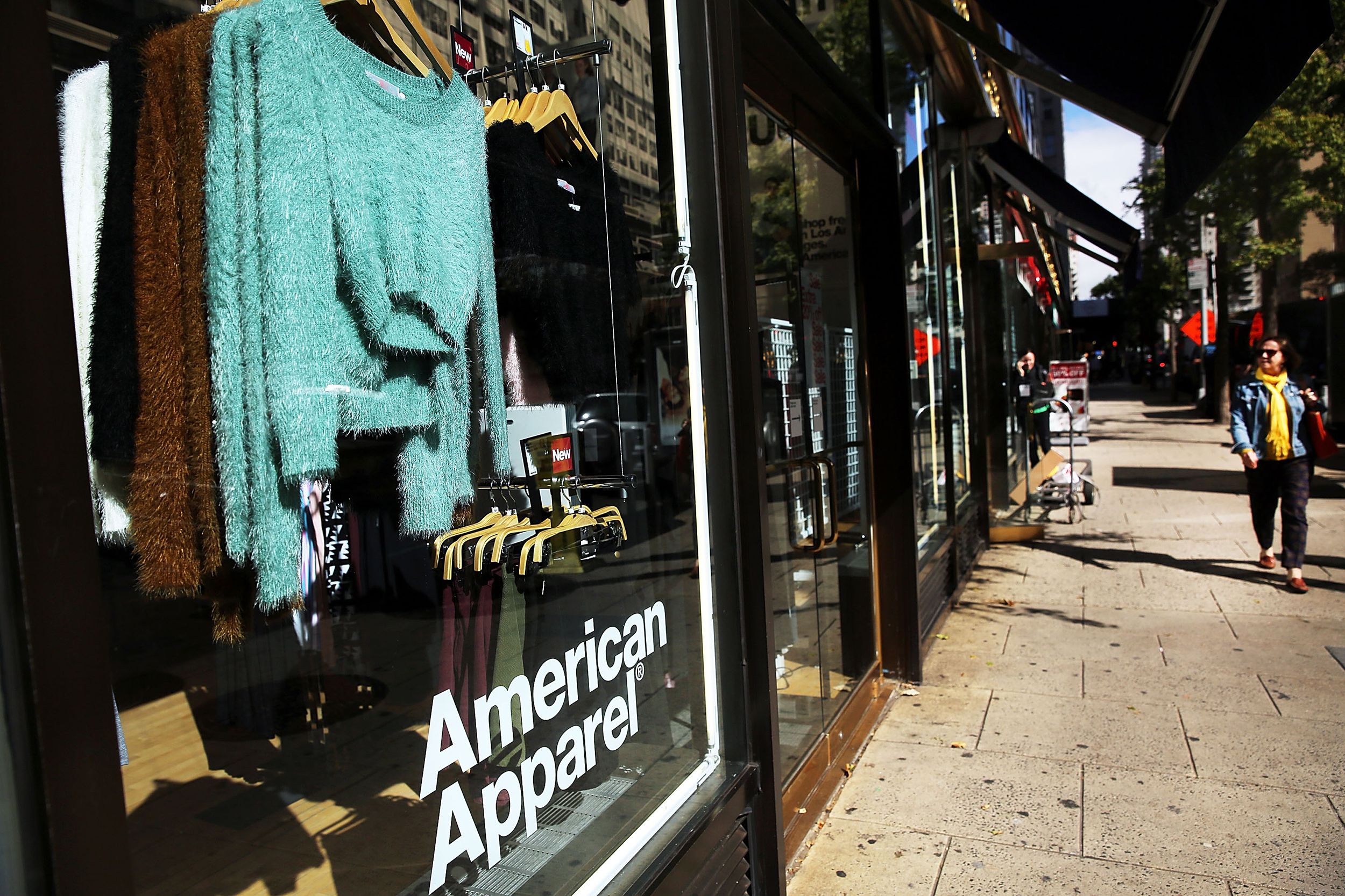 The American Apparel logo is displayed outside of a store on October 5, 2015 in New York City.
