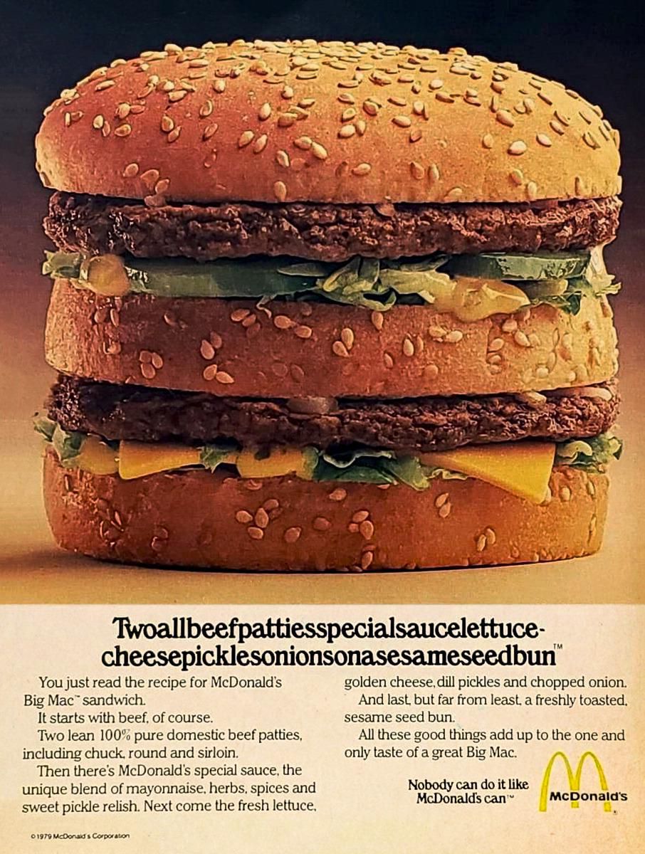 A McDonald's Big Mac burger with two beef patties, lettuce, cheese, pickles, onions, and special sauce on a sesame seed bun is shown above text describing the sandwich’s ingredients and the McDonald’s logo.