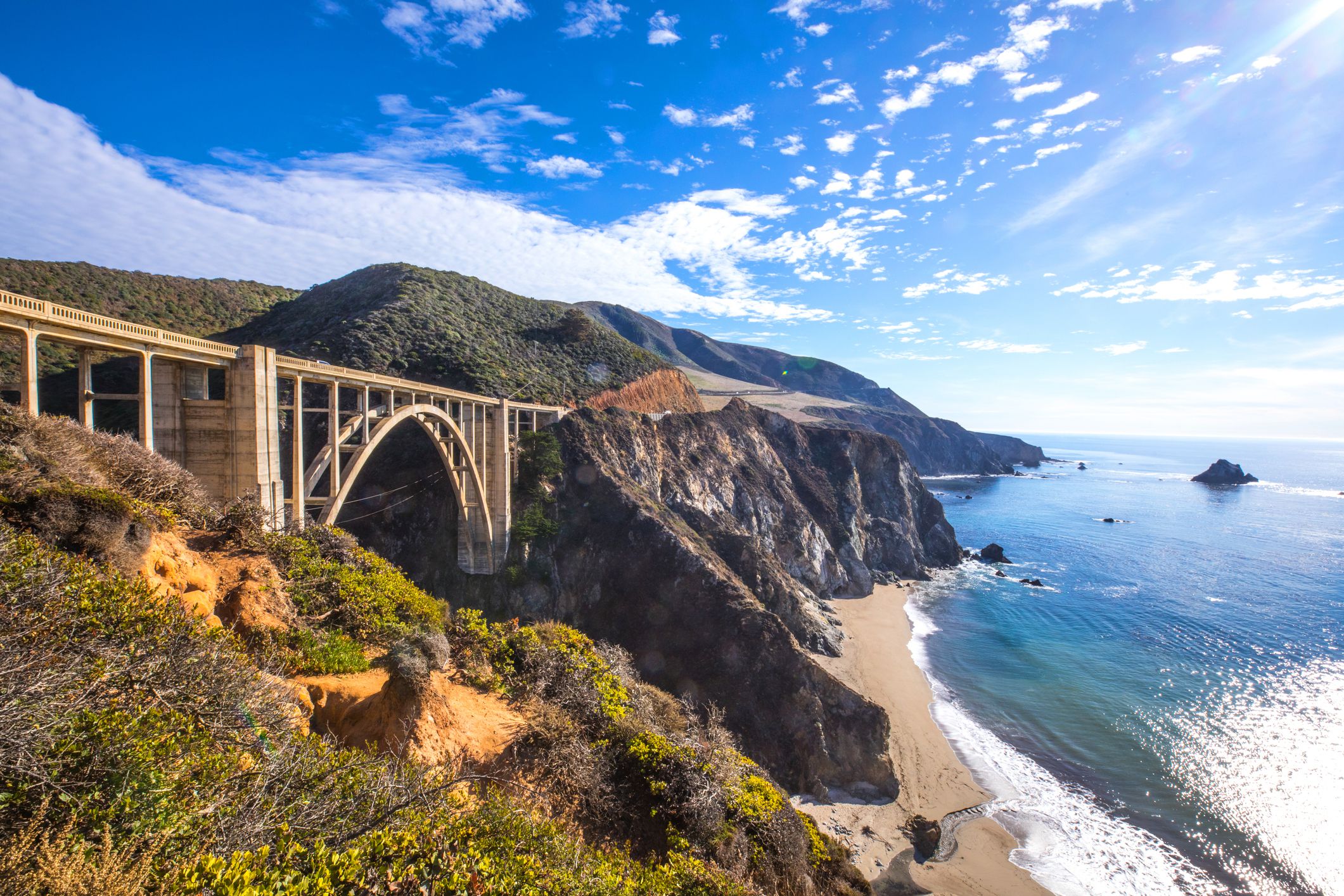Bixby Bridge on Pacific Coast Highway 1, California, panoramic view of bridge, rocks along coast, beach, ocean, and sky