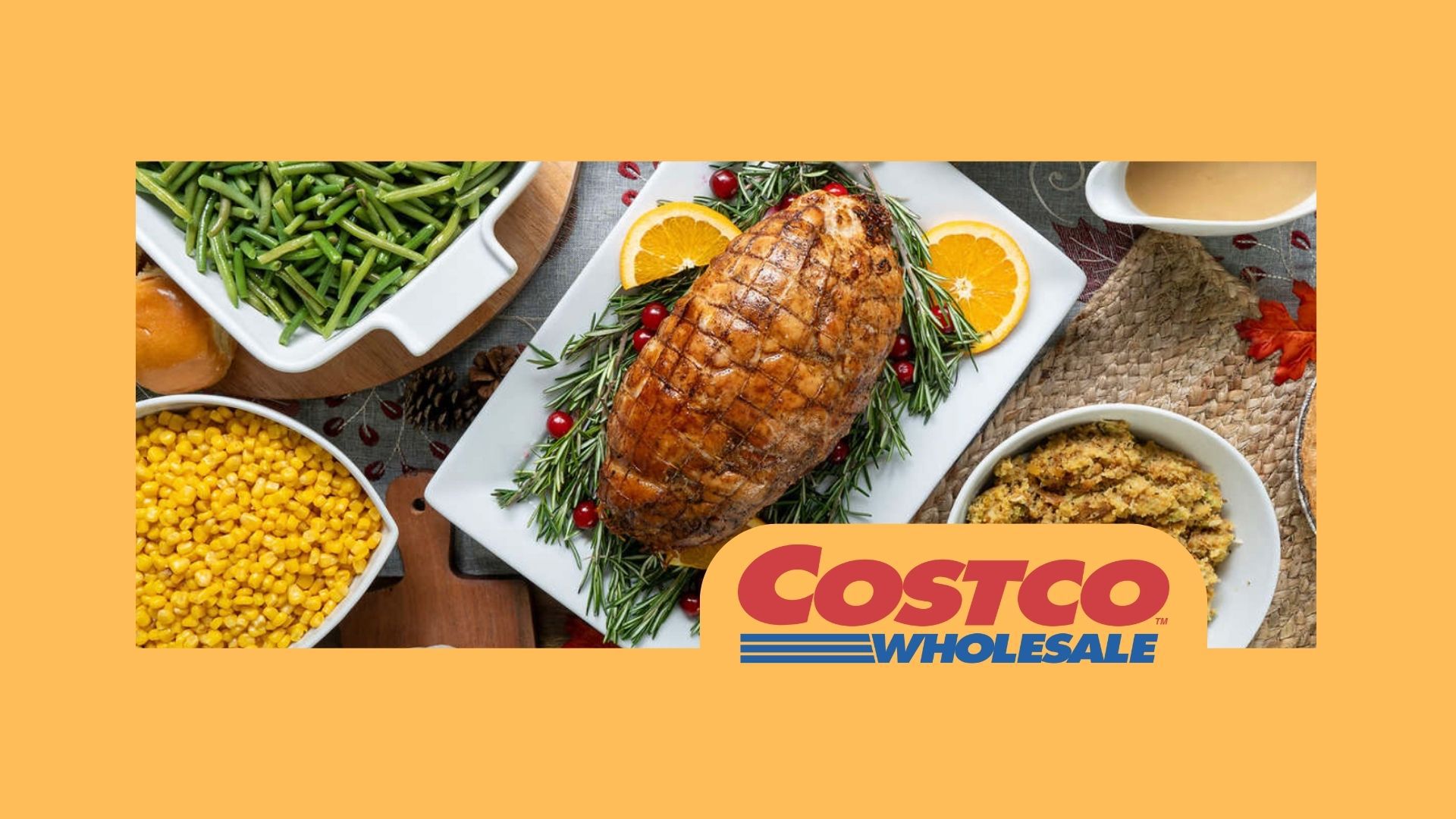Photo of Costco's Thanksgiving meal kit against a yellow-brown background