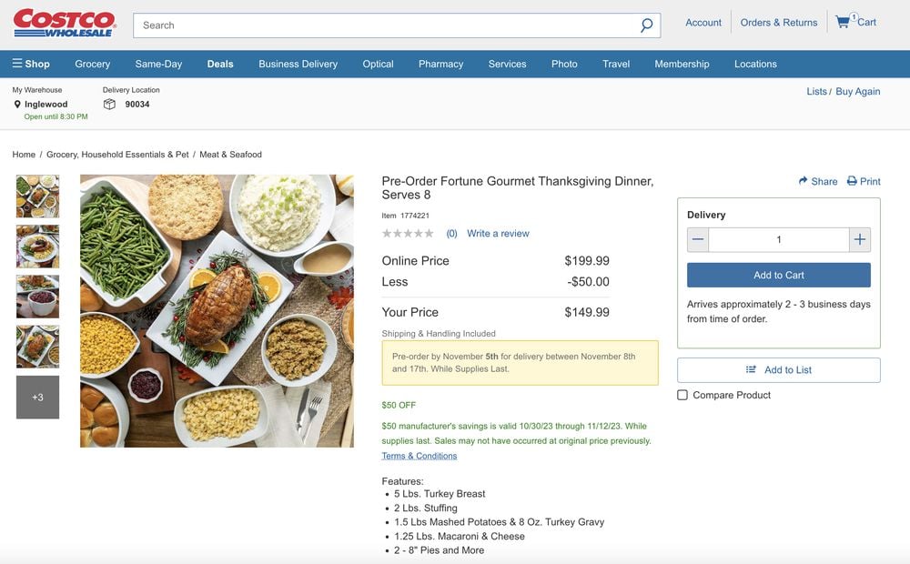 Costco Thanksgiving Meal Kit Screenshot