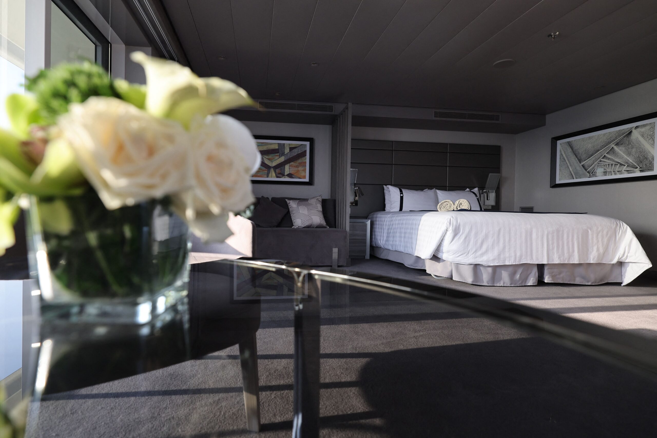 A general view shows a bedroom onboard the MSC World Europa cruise ship in Doha on November 13, 2022, ahead of the Qatar 2022 World Cup football tournament.