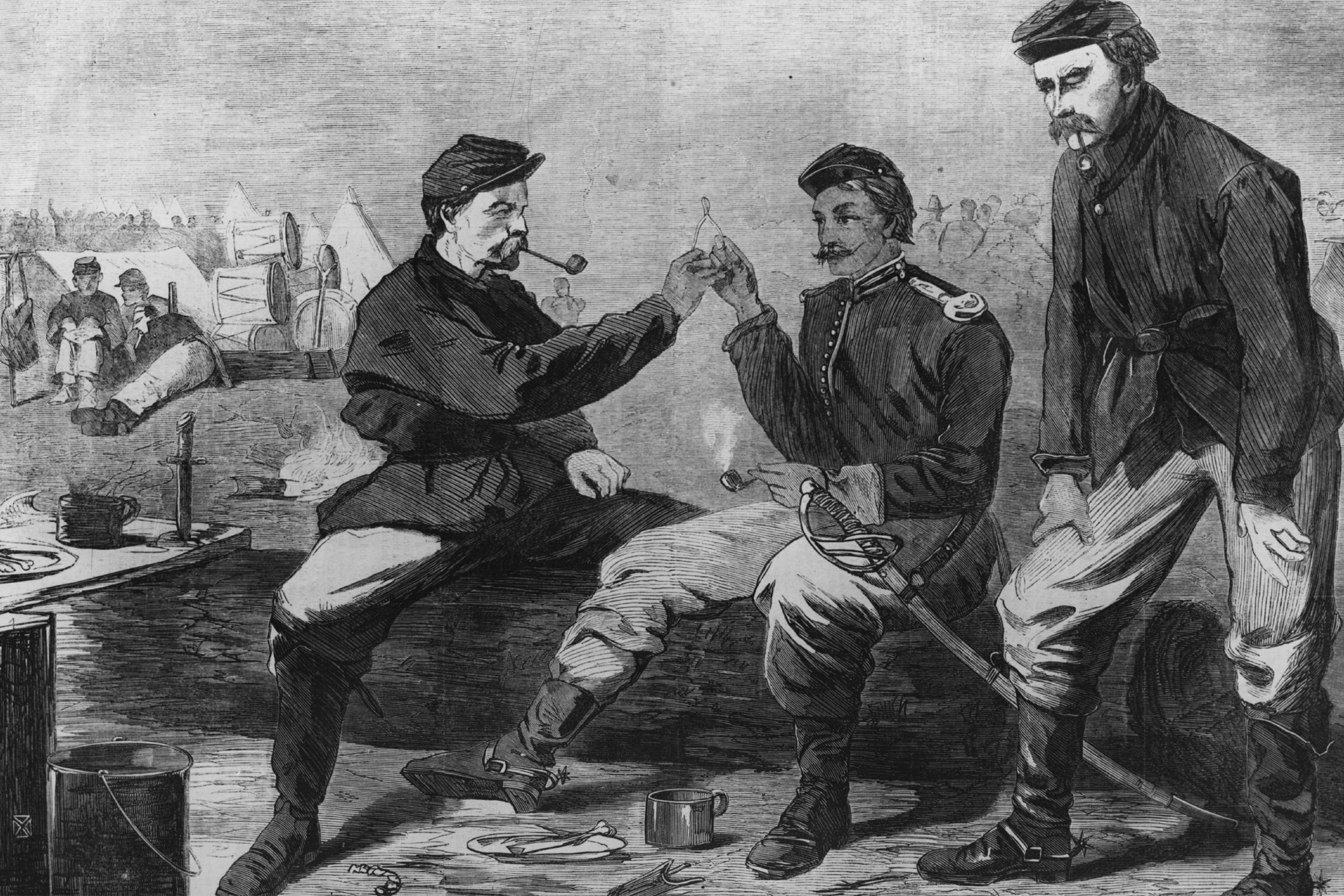 Two soldiers break a wishbone after a Thanksgiving dinner during the Civil War