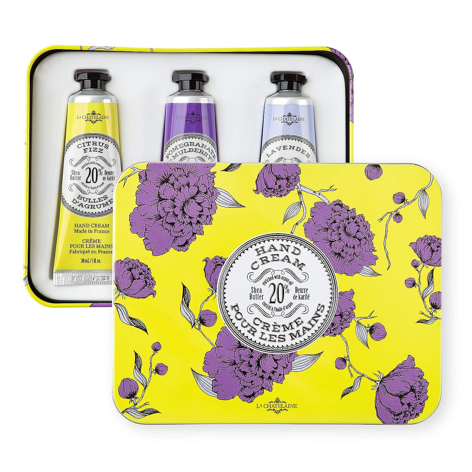 La Chatelaine Hand Cream Trio Gift Set, Citrus Fizz, Pomegranate Mulberry, and Lavender