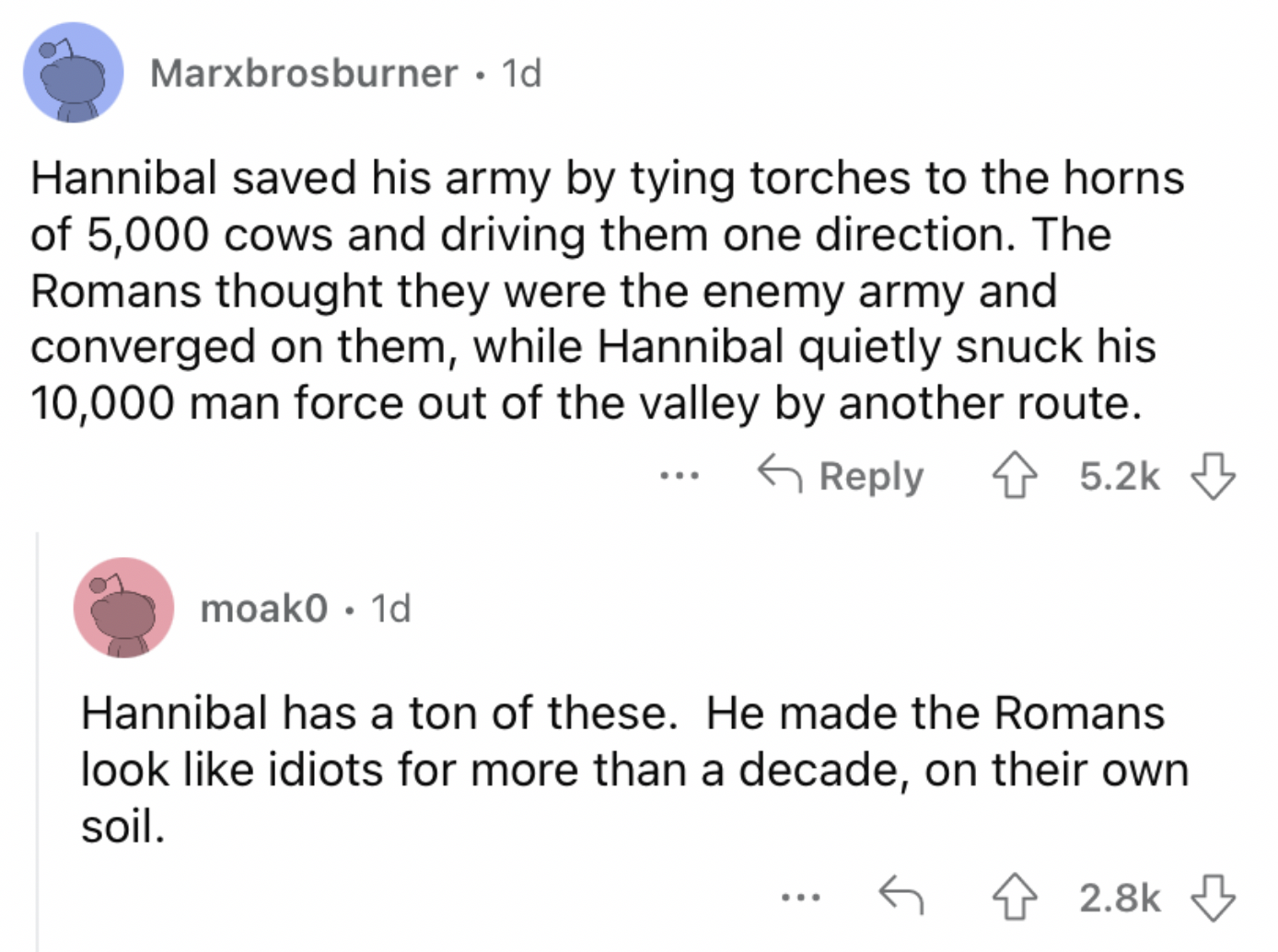 Reddit screenshot about Hannibal saving his army.