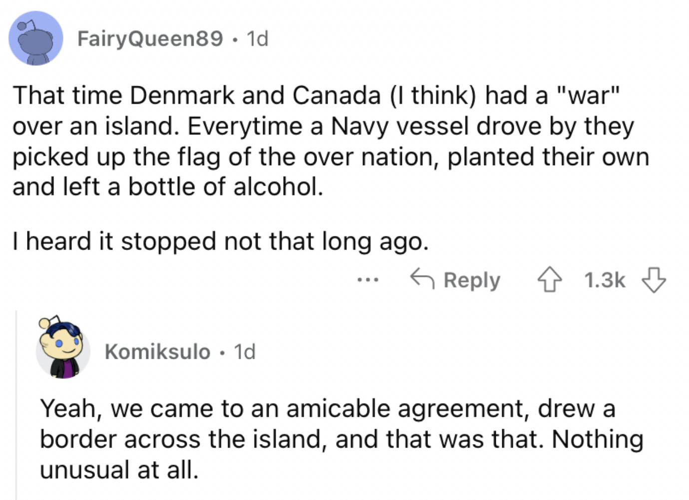 Reddit screenshot about a war over an island.