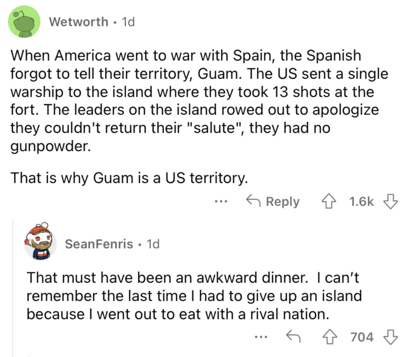 Reddit screenshot about the origin story behind Guam.