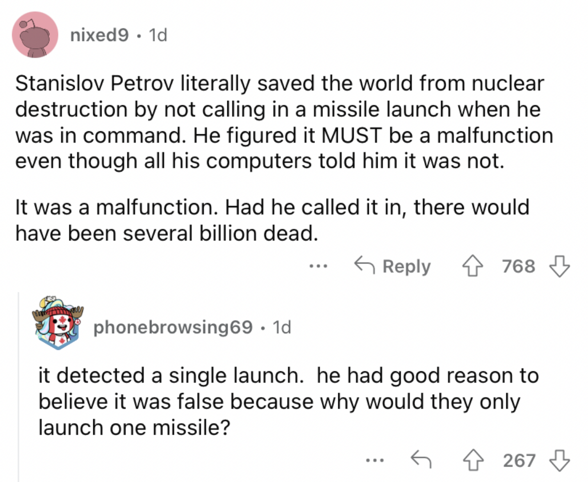 Reddit screenshot about a man sparing millions of lives.
