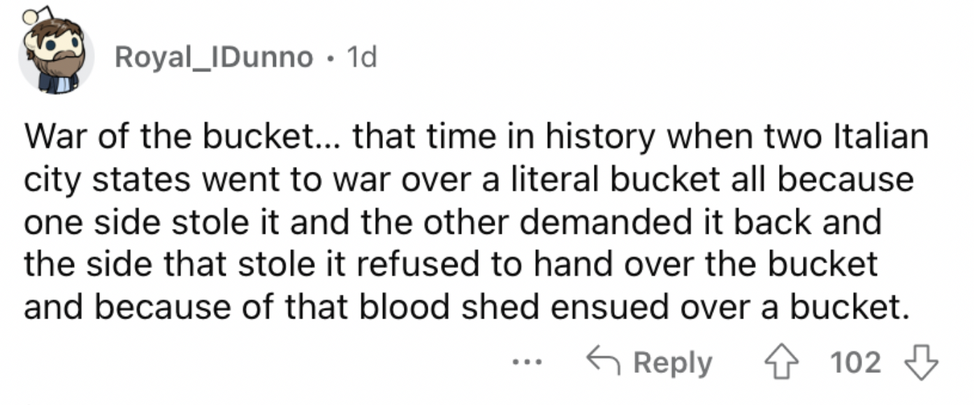 Reddit screenshot about the War of the Bucket.