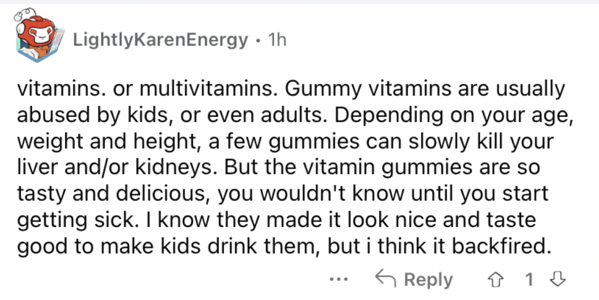 Reddit screenshot about multivitamins when taken to excess being very dangerous.
