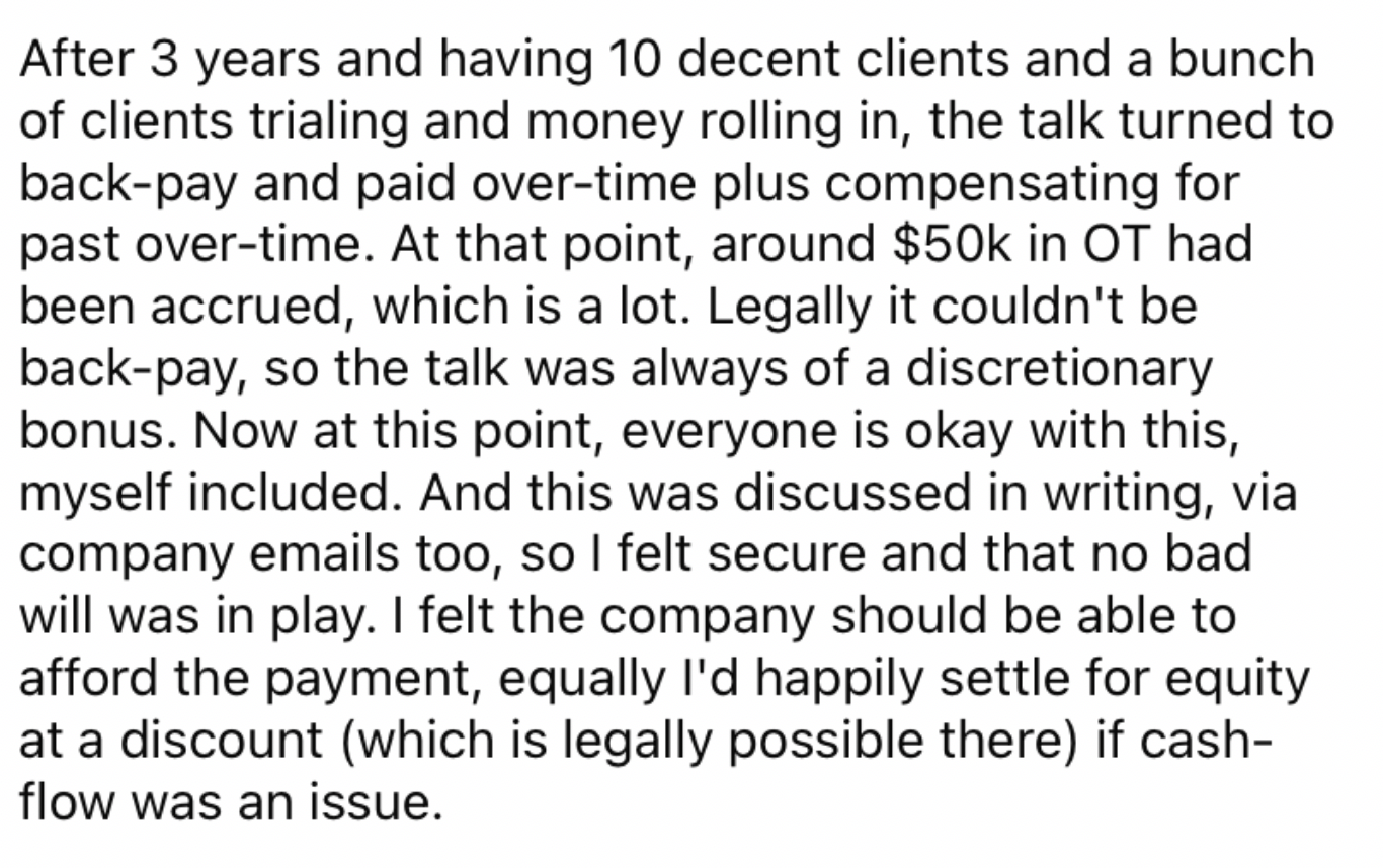 Reddit screenshot about an employee who accrues thousands of dollars in OT backpay.