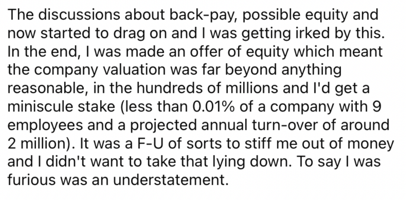 Reddit screenshot about employee saying that being furious was an understatement regarding their owed backpay.