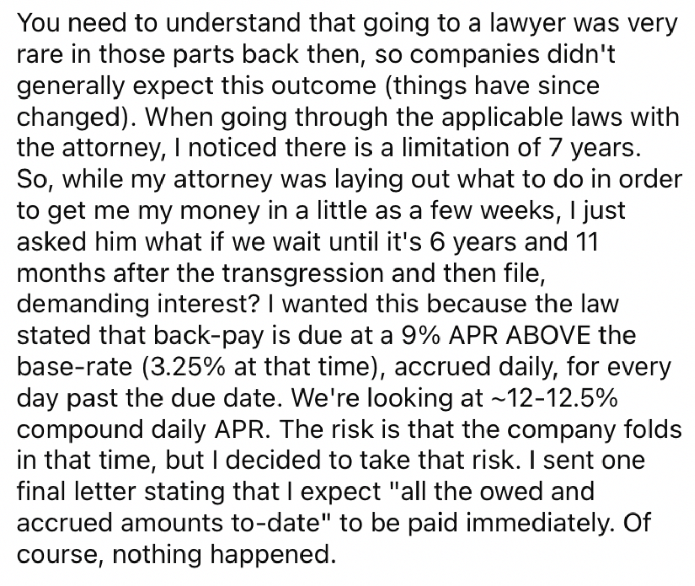 Reddit screenshot from disgruntled employee about how going to a lawyer was rare back in the day.