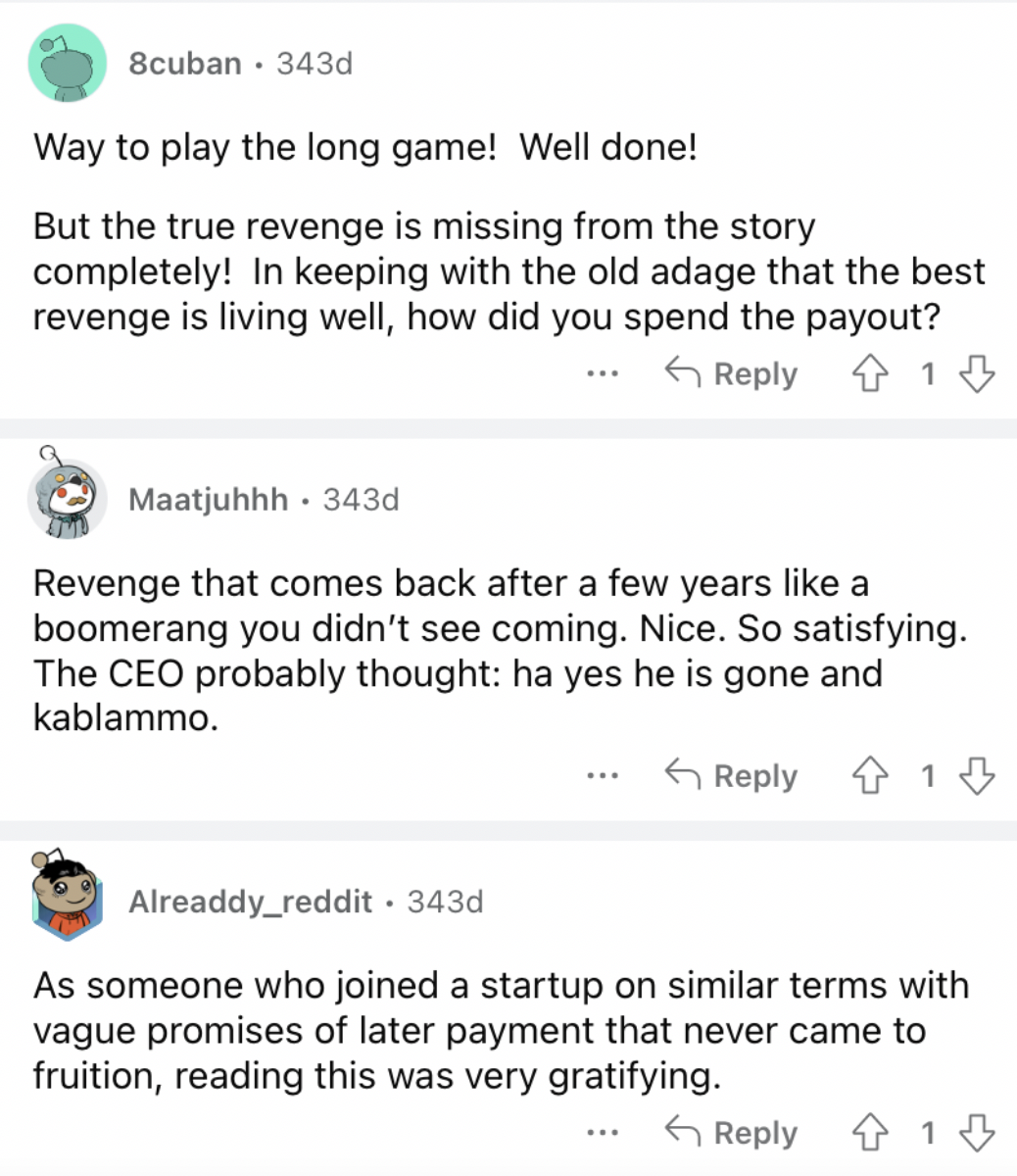 Reddit screenshot from a few redditors that appreciated the employees pro revenge.