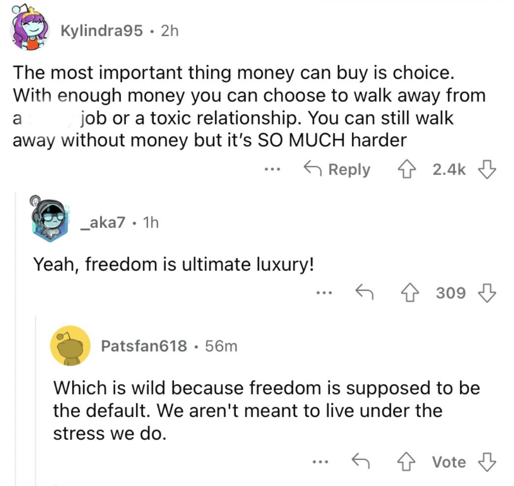 Reddit screenshot about how amazing it is that money can buy choice.