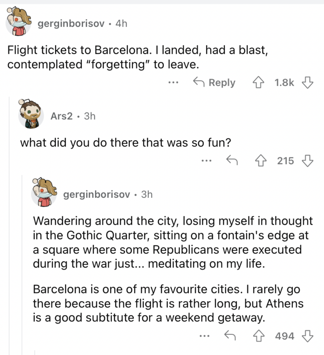 Reddit screenshot about how Barcelona is an amazing place to visit.