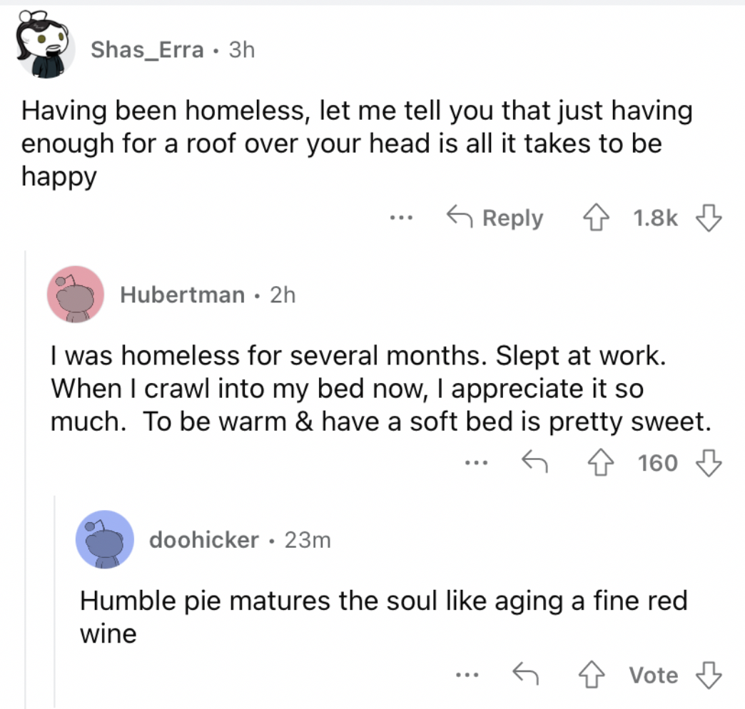 Reddit screenshot about how simply not being homeless is enough for happiness.