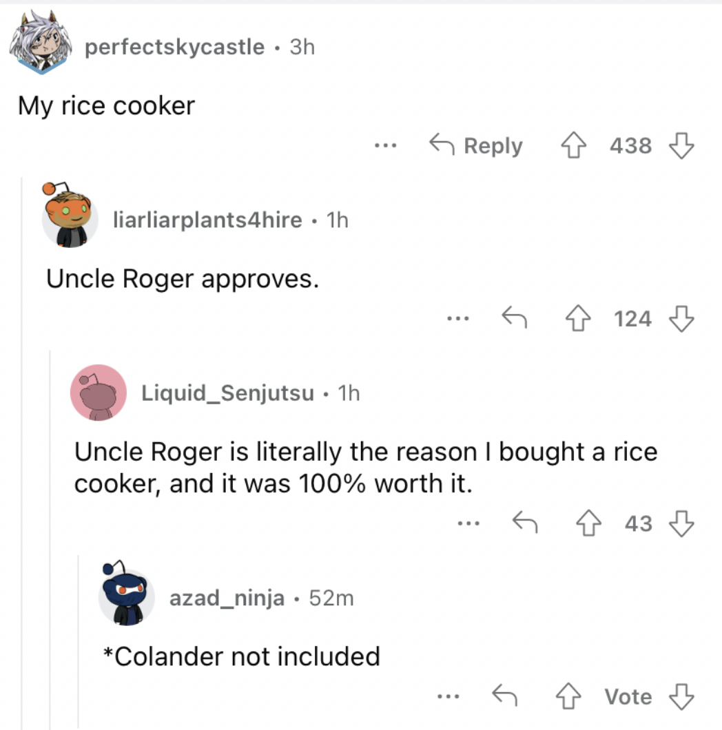 Reddit screenshot about how a rice cooker can bring happiness.