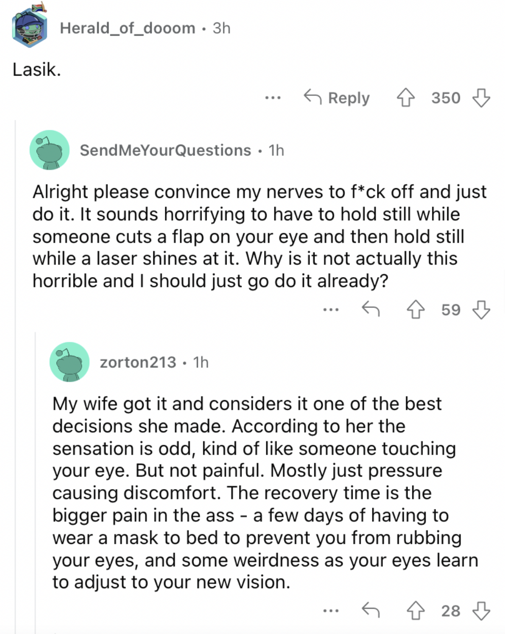 Reddit screenshot about how Lasik surgery was game-changing for someone.