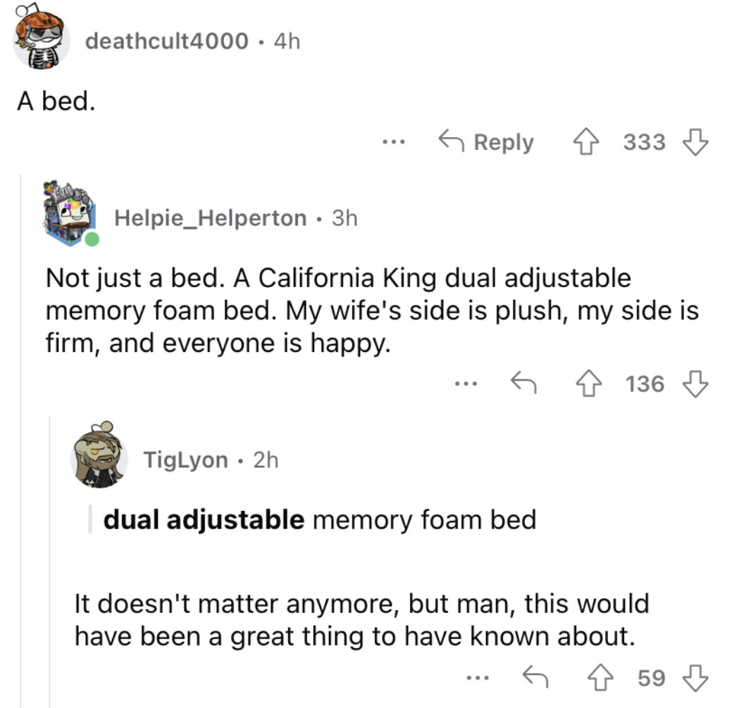 Reddit screenshot about how a nice bed can promote happiness.