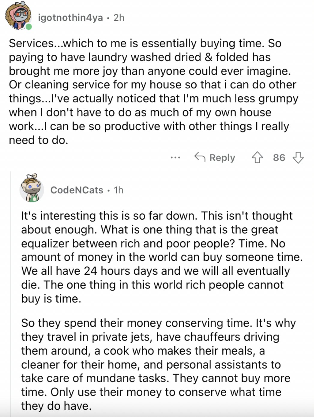 Reddit screenshot about how having more services gives you more invaluable time.