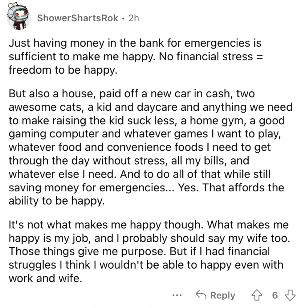 Reddit screenshot about how having more money in the bank can give you peace and happiness.