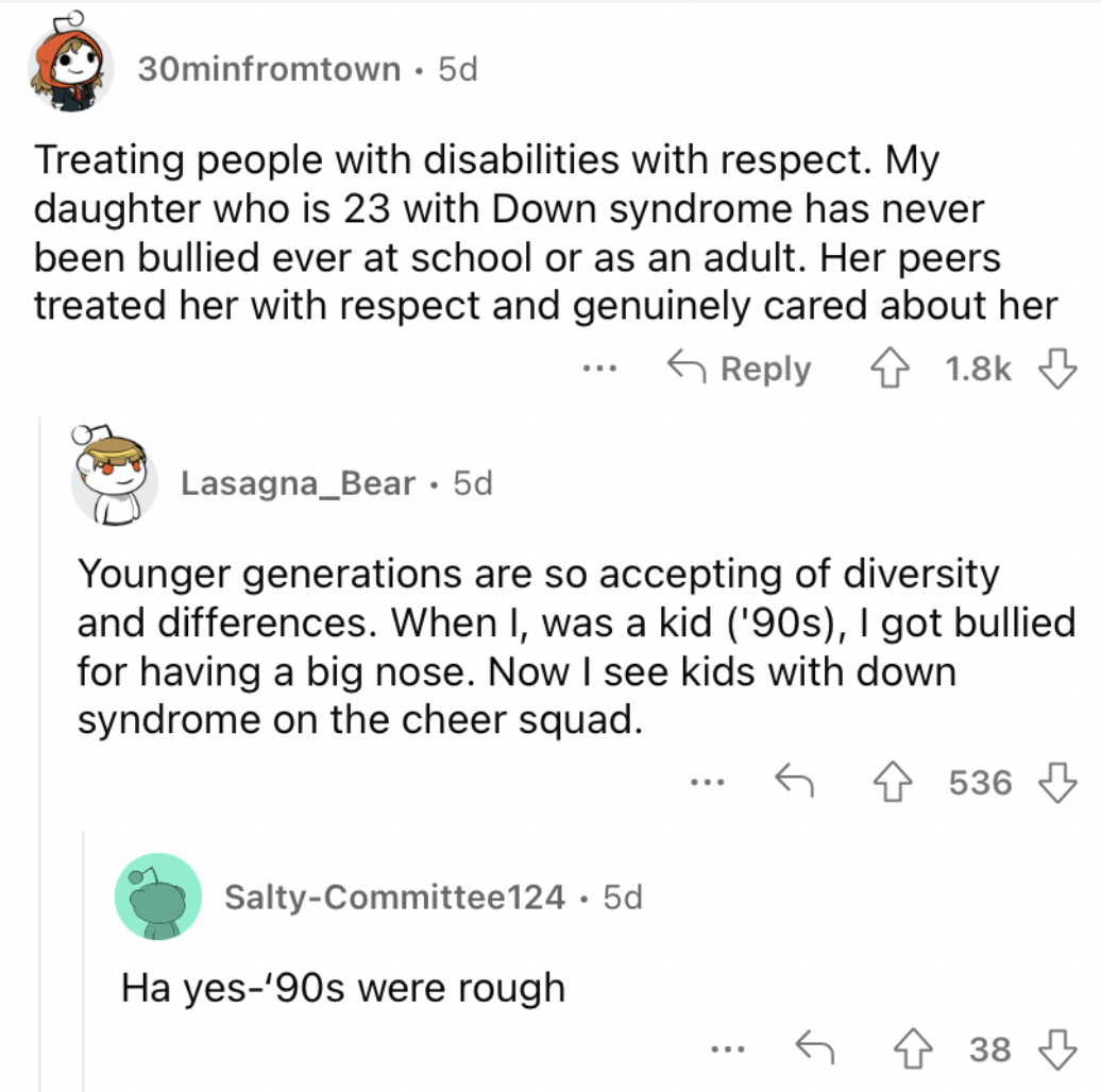 Reddit screenshot about how Gen Z sometimes treats people with disabilities with more respect.