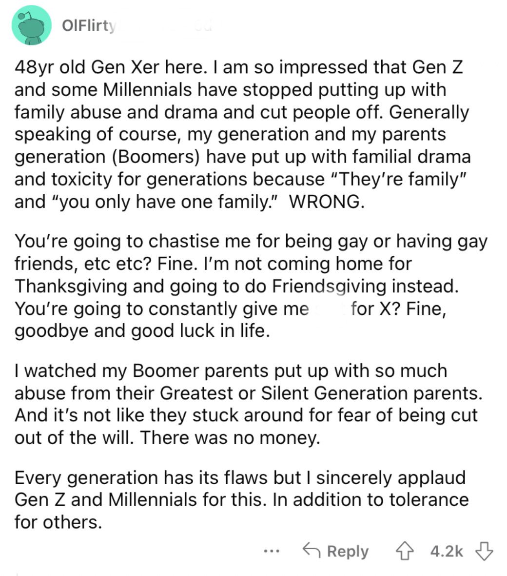 Reddit screenshot on the value of not putting up with family abuse.