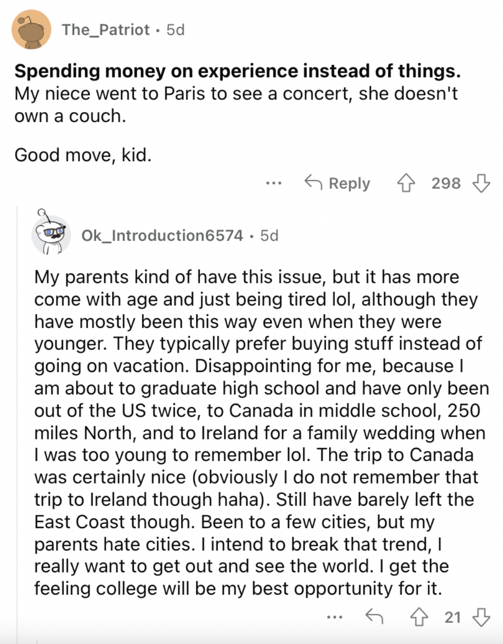Reddit screenshot about how Gen Z is good at spending money on experiences.