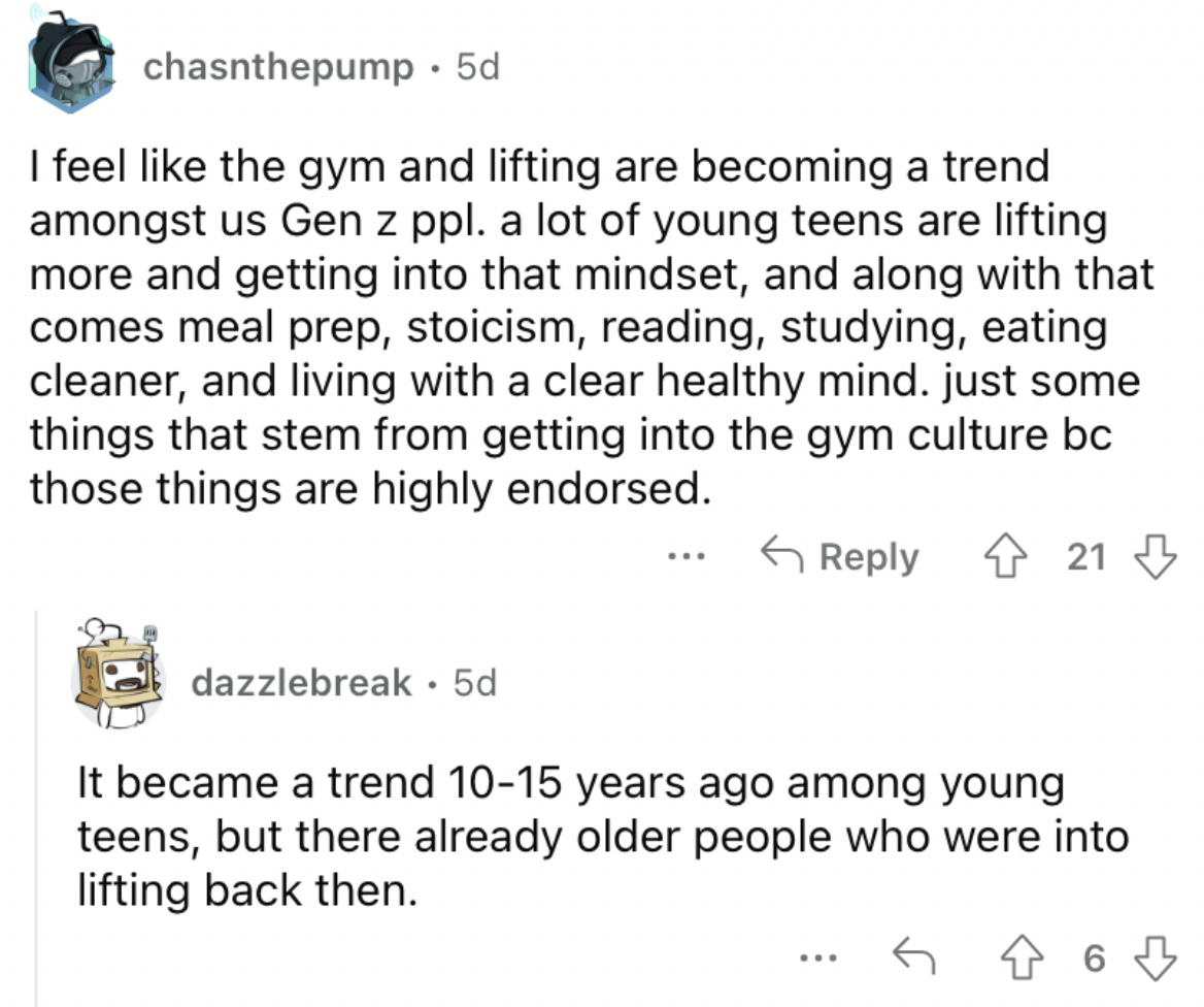Reddit screenshot about how Gen Z is embracing lifting and stoicism.
