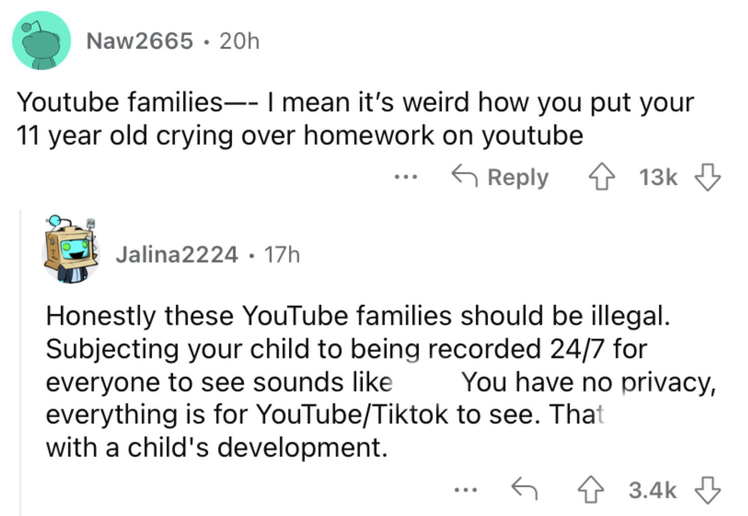 Reddit screenshot about how weird YouTube families are.
