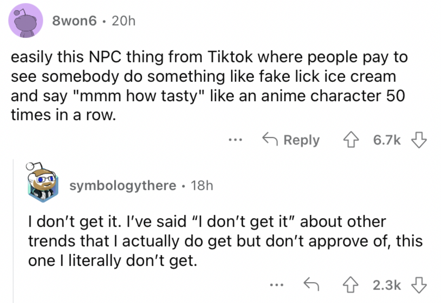 Reddit screenshot about people paying to see TikTok stars eat food and whatnot.