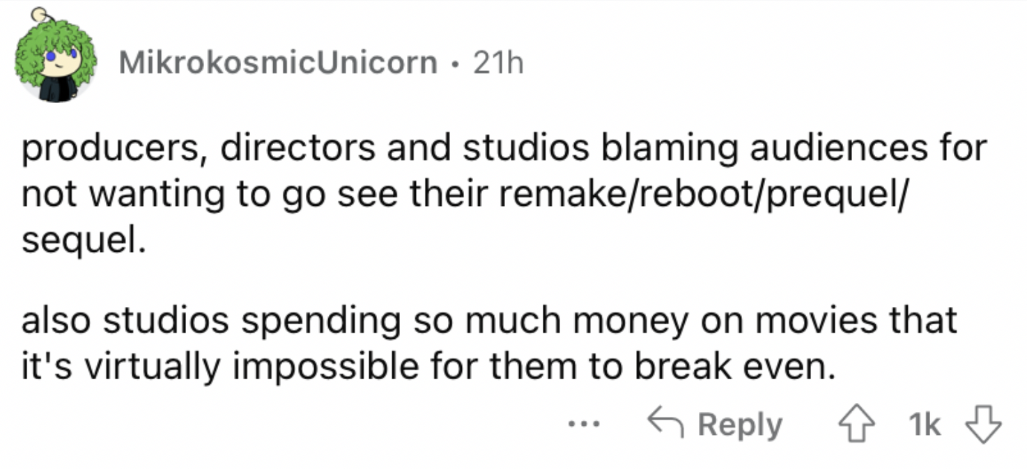 Reddit screenshot about how people don't go see sequels anymore.