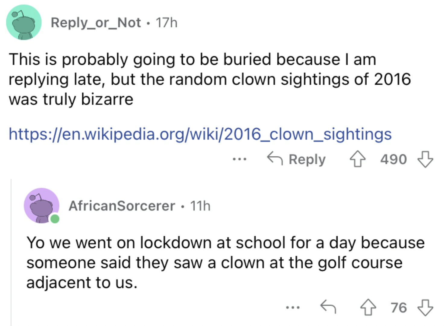 Reddit screenshot about how there have been more strange clown sightings.