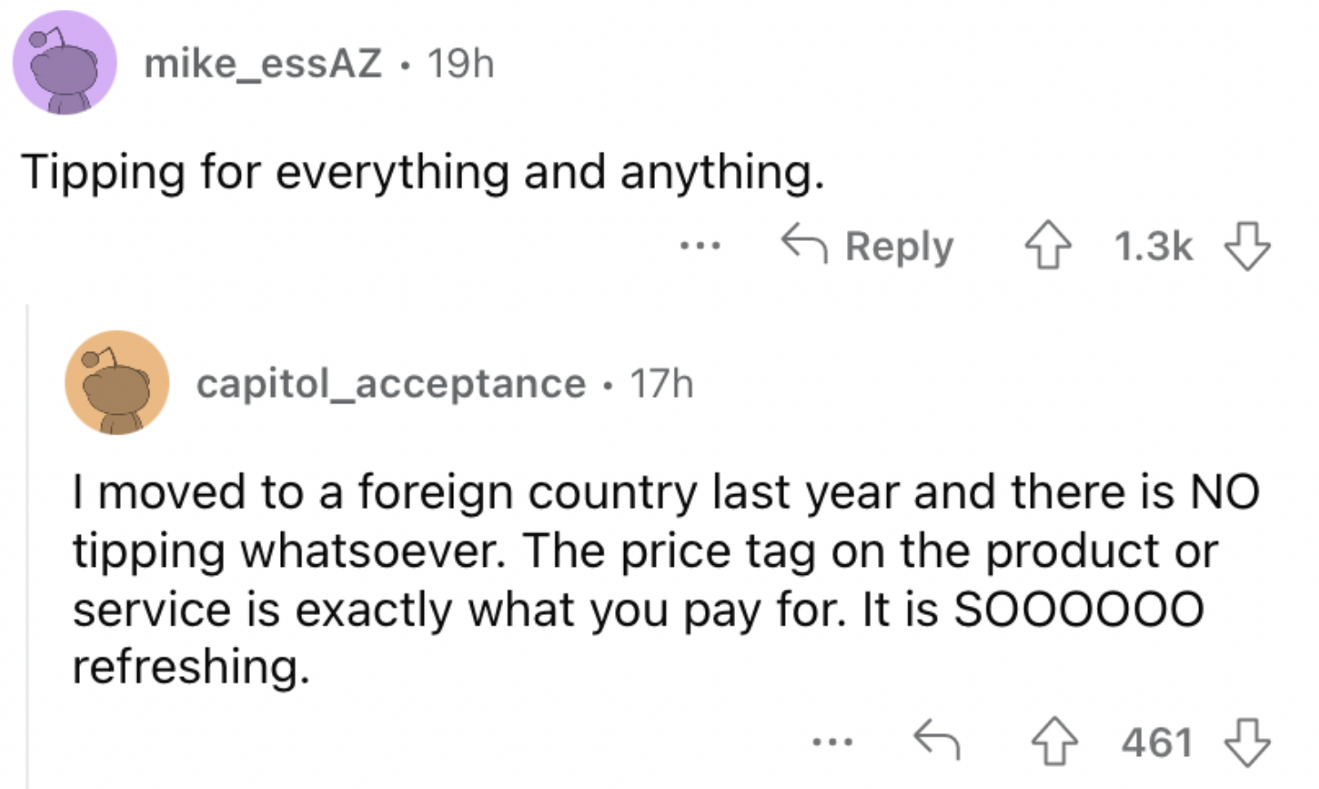 Reddit screenshot about how it's more common to tip for everything.