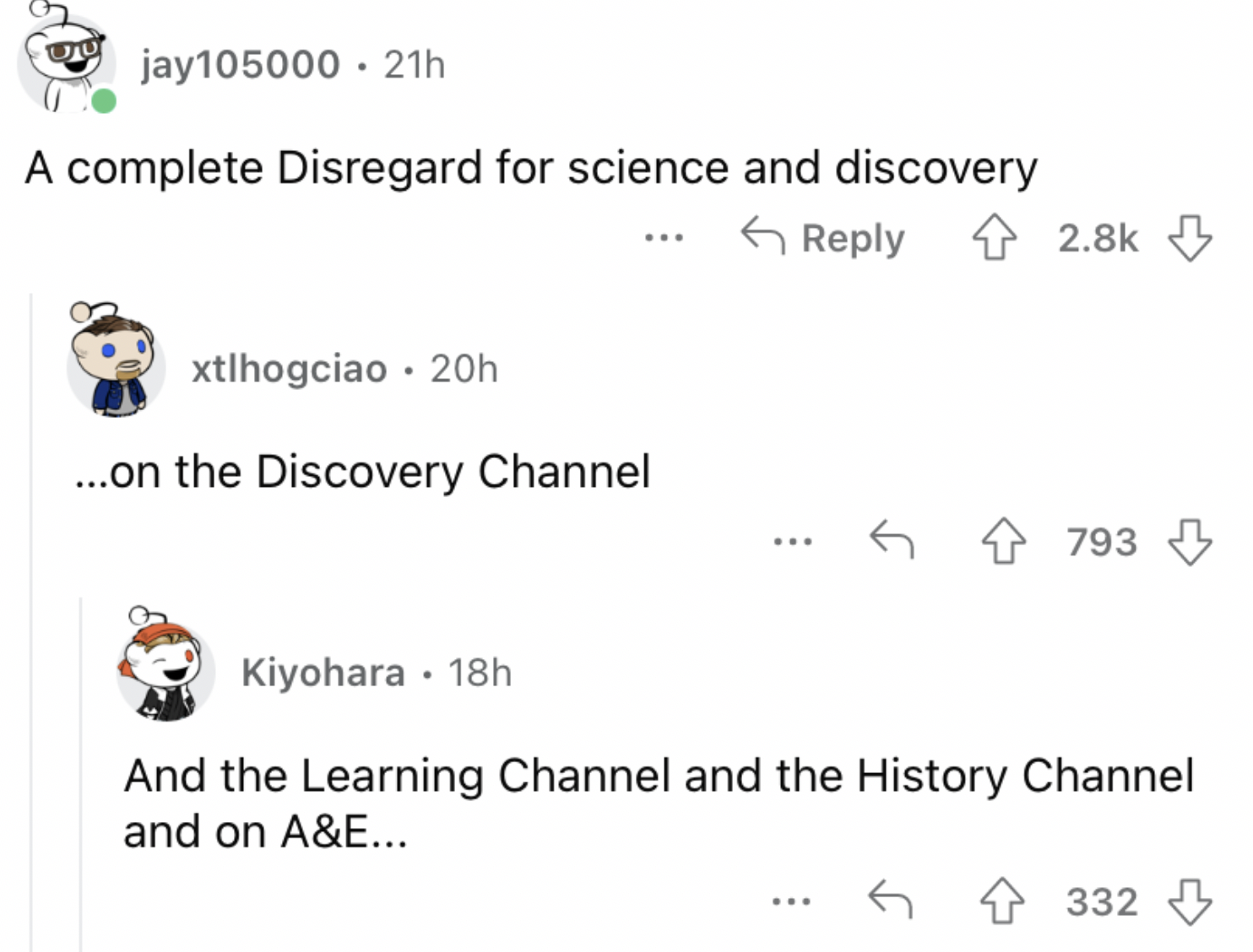 Reddit screenshot about how less people care about science and discovery.