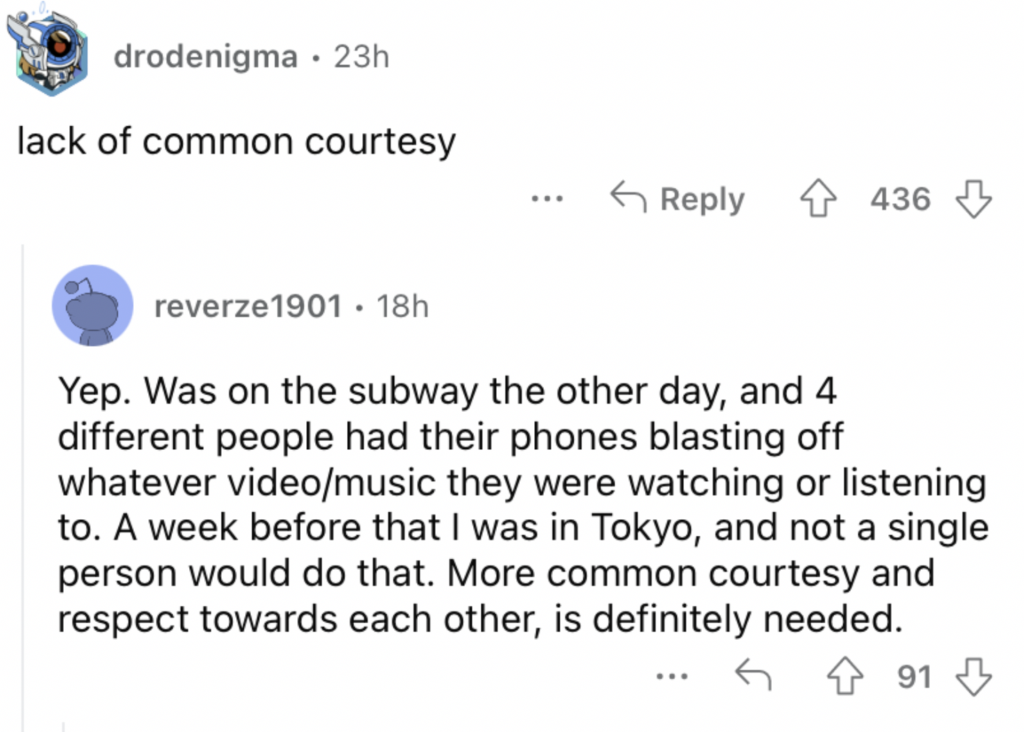 Reddit screenshot about how there's less social courtesy nowadays.