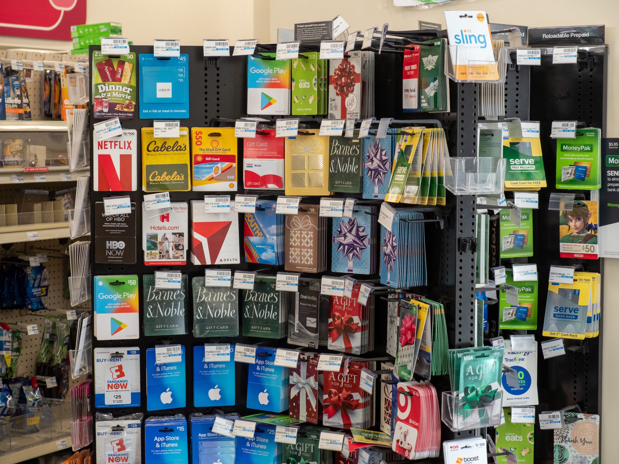 San Francisco, California March 16, 2019: Gift card stand in convenience store with Apple, Google, Delta, HBO, and more